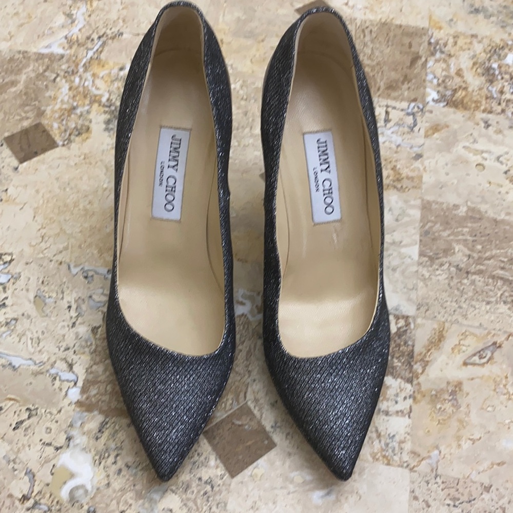 Jimmy Choo, 4” heel, fabric metallic with pewter leather & heel. Size 38…